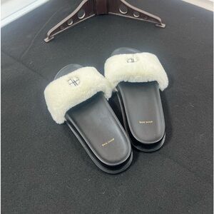EUC Anine Bing Black and White Fur Slides Size 41 Leather and Fur